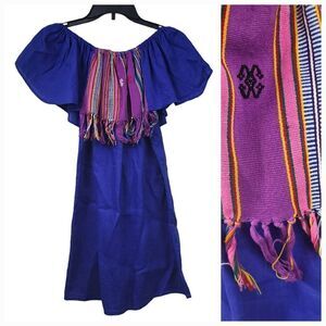 Women's Blue Linen Embroidered Mexican Dress On/Off Shoulder Tassel Ethnic Wear